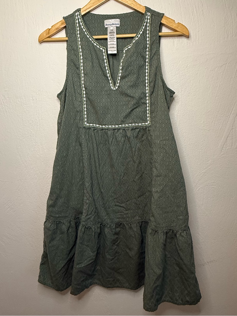 Tommy Bahama 100% Cotton Sage Green Sleeveless Tiered Cotton Dress w/ White Trim